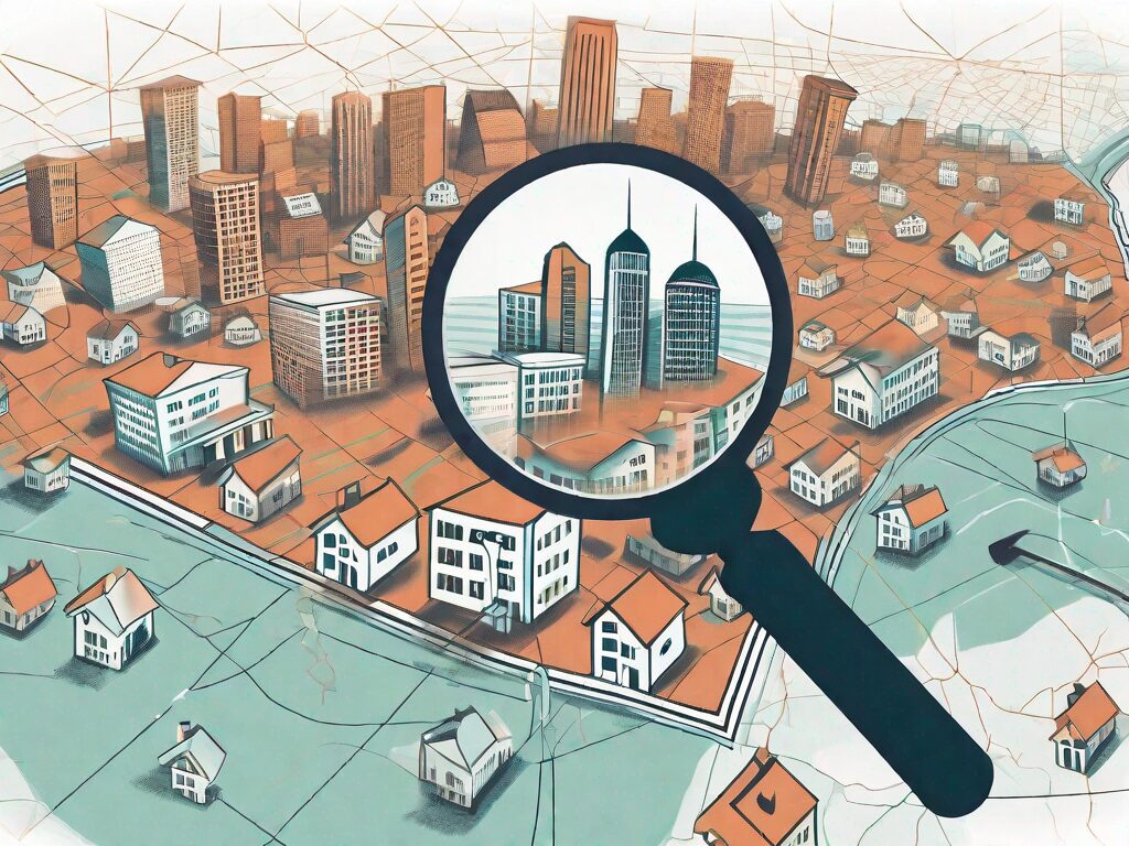 A magnifying glass hovering over a stylized map of jacksonville