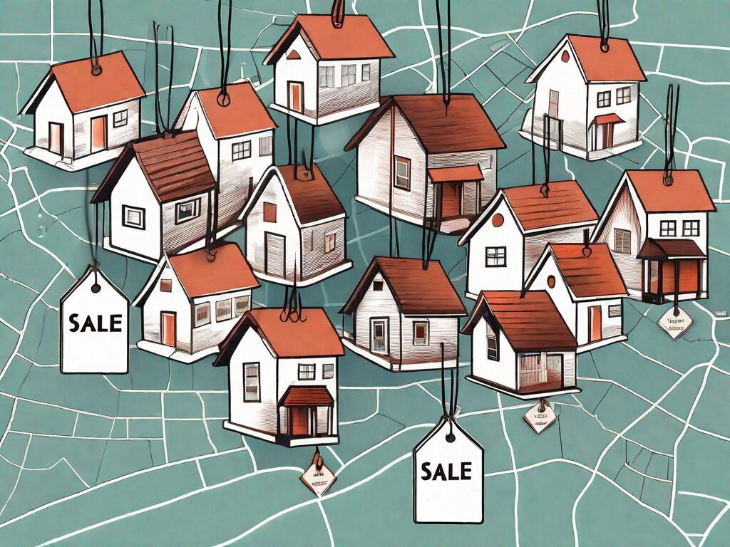 A collection of various types of houses with sale tags hanging from them