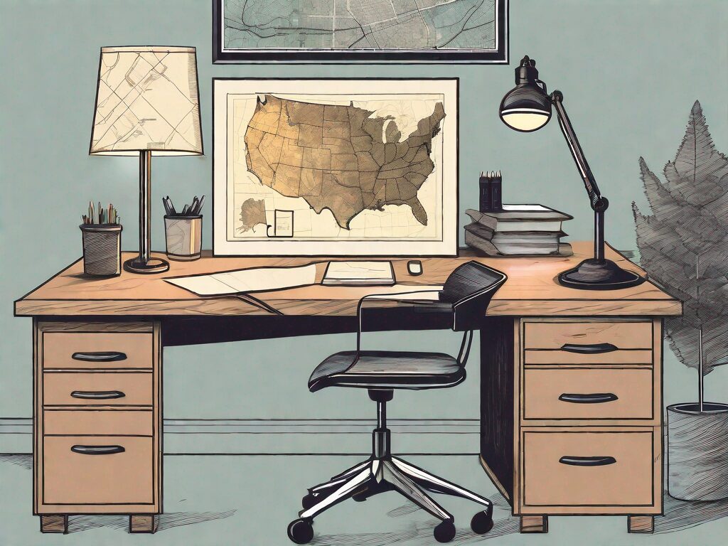 A desk with a detailed map of washington state
