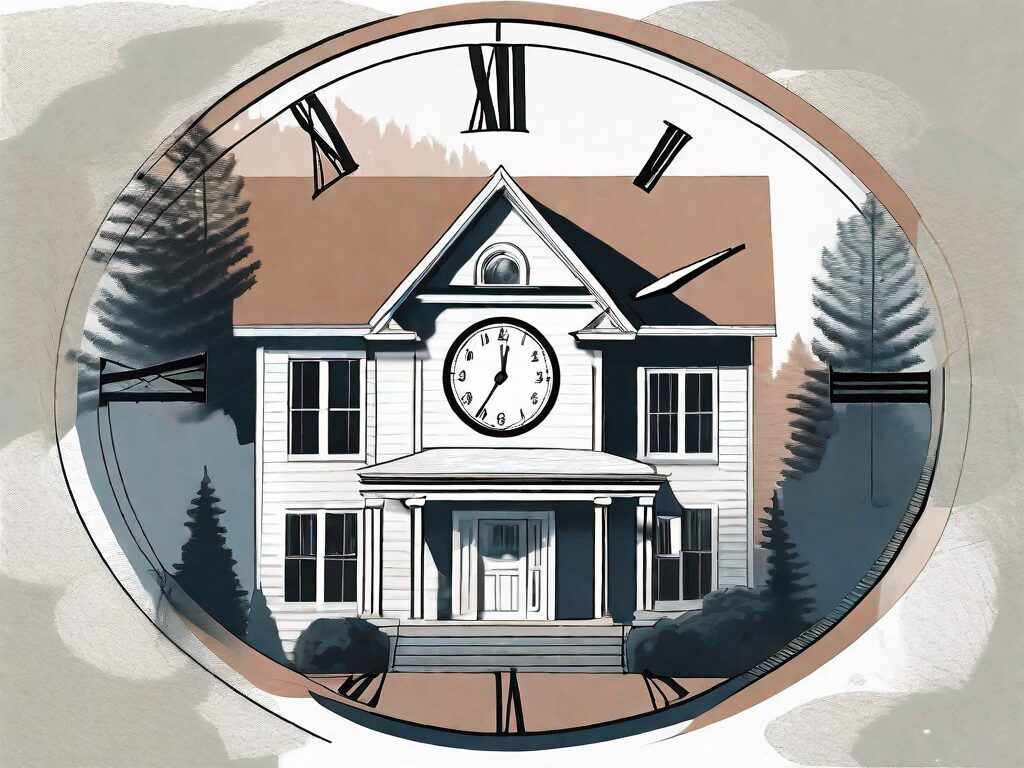 A picturesque washington home with a large clock superimposed over it