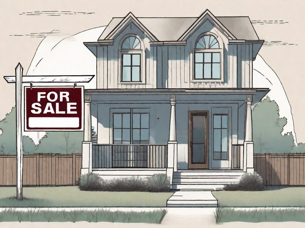 A detailed yet simplified depiction of a house with a 'for sale by owner' sign in the front yard