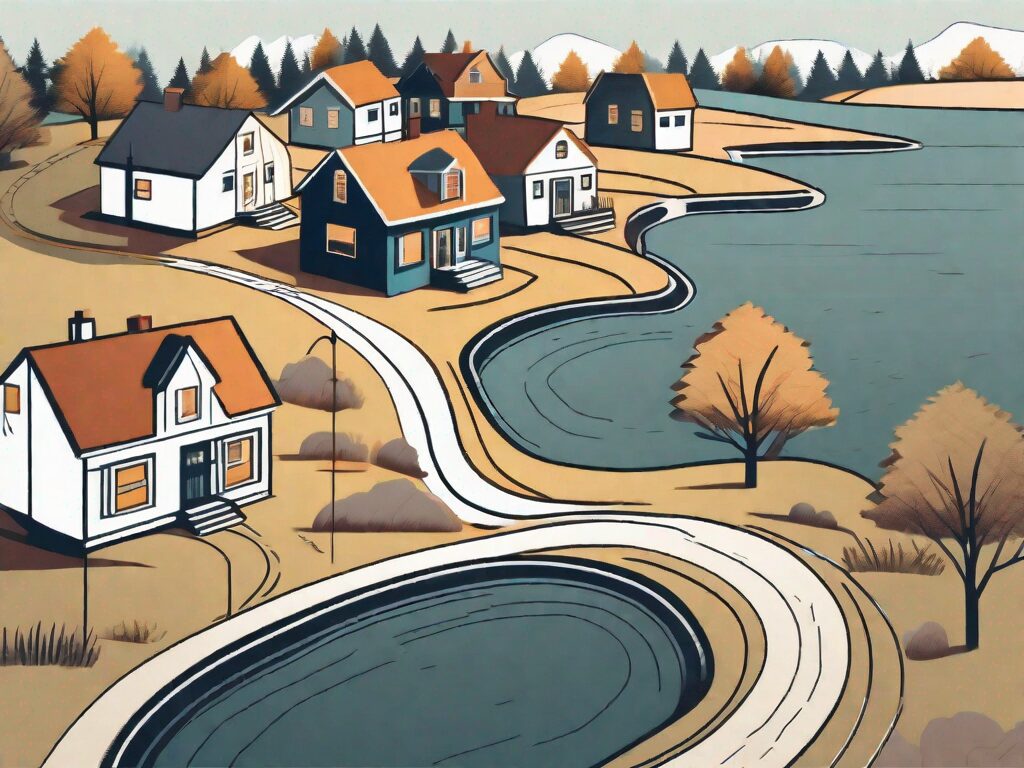 A detailed minnesota landscape with various styles of houses scattered throughout