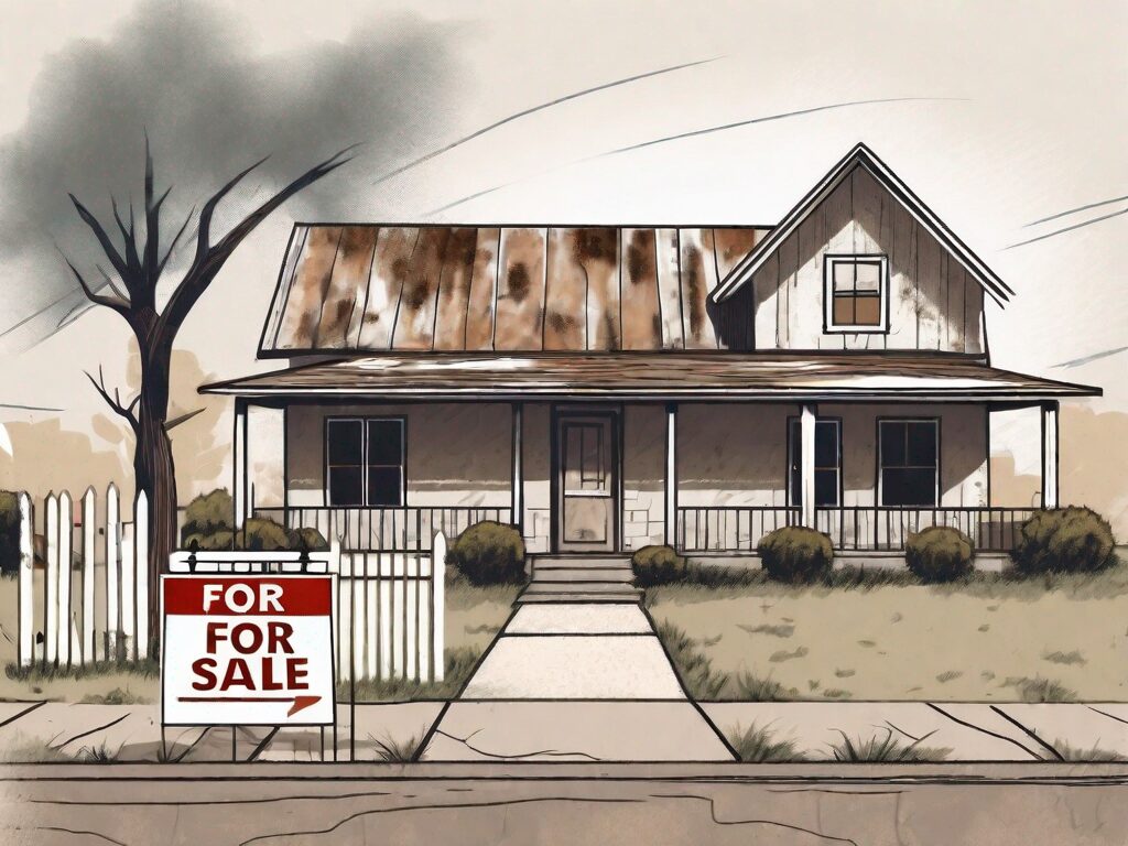 A rustic texas-style house with a 'for sale' sign in the front yard