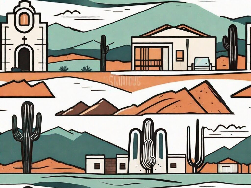 A stylized new mexico landscape with various iconic landmarks
