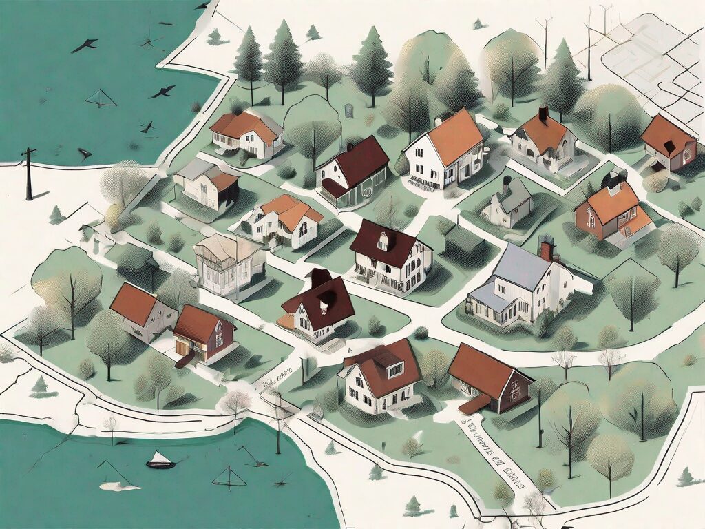 A detailed map of michigan with symbolic representations of houses scattered across