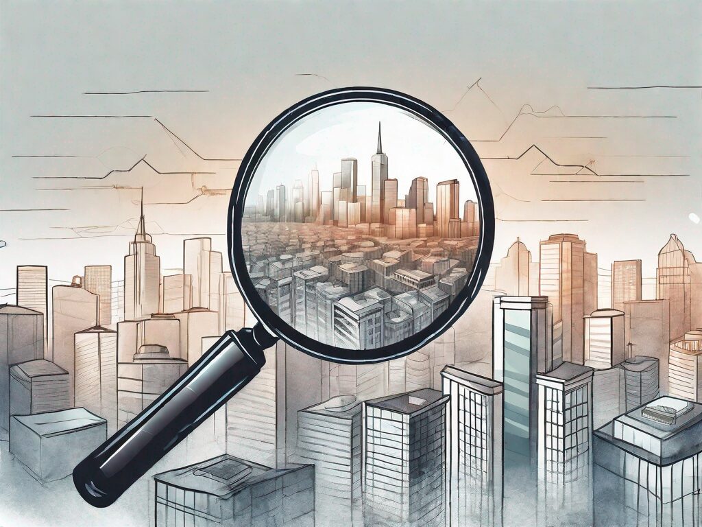A magnifying glass hovering over a cityscape