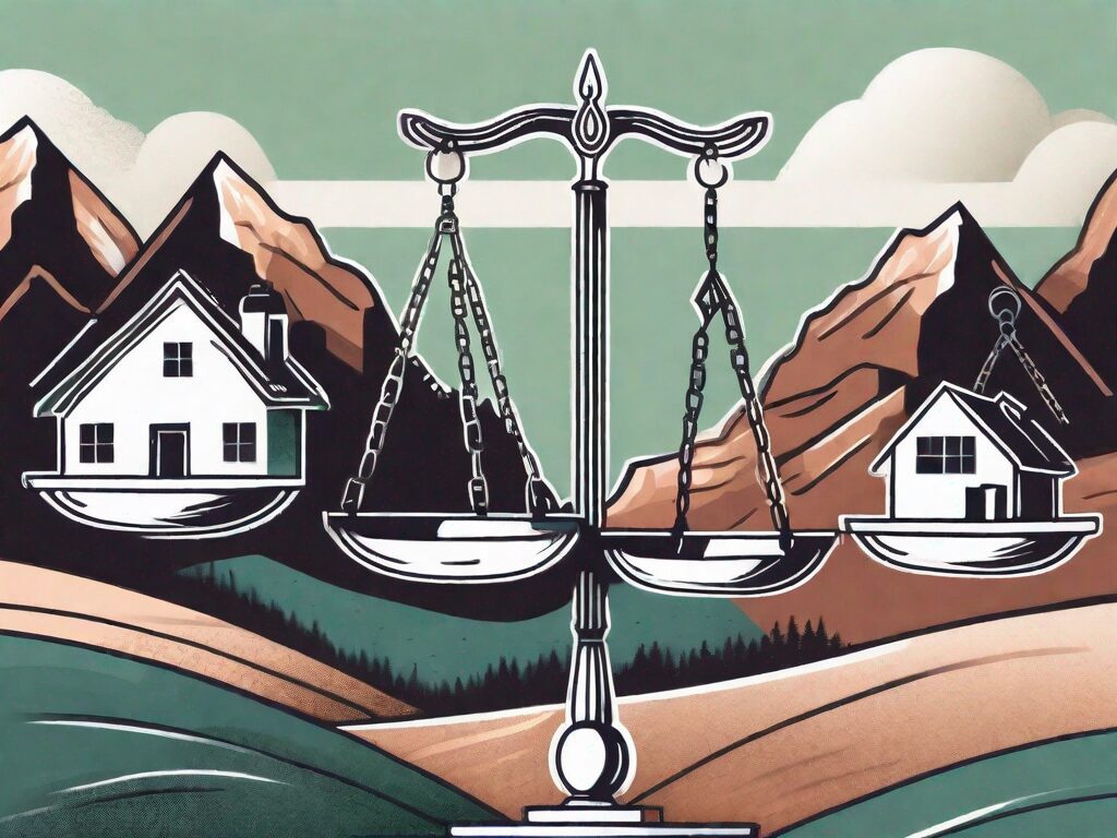 A symbolic balance scale with houses on one side and dollar signs on the other