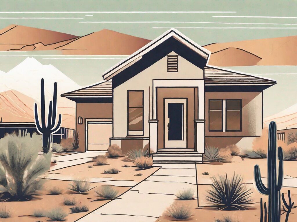 A stylized arizona landscape with a sold sign in the foreground and a house in the background