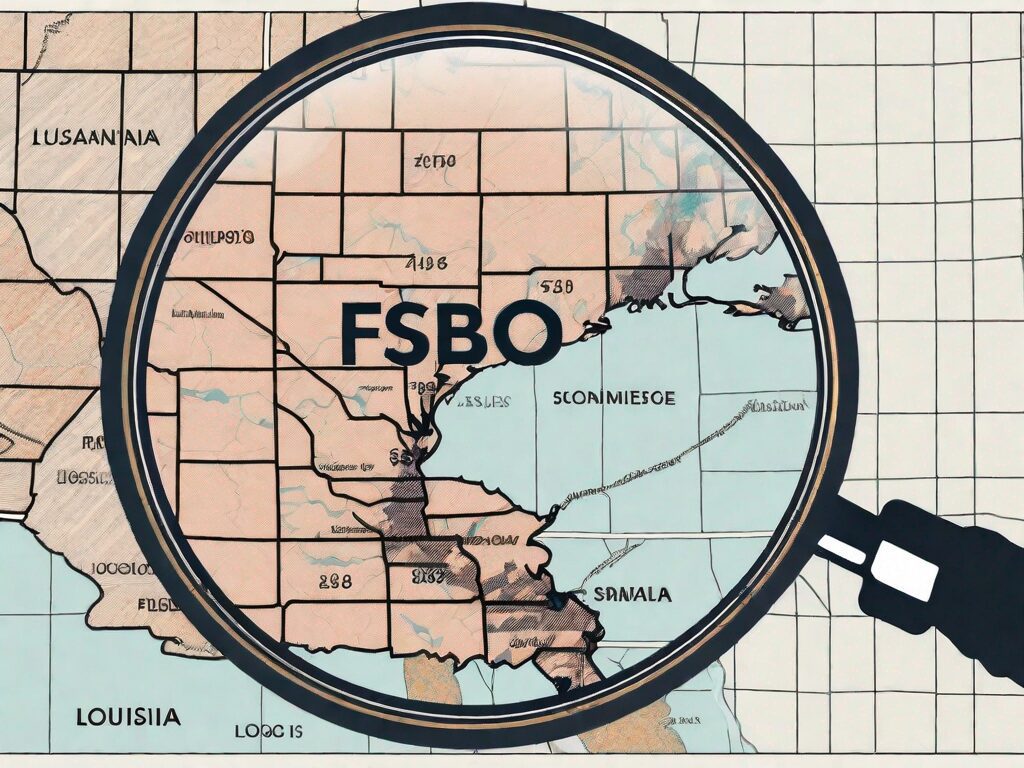 A magnifying glass highlighting a detailed fsbo (for sale by owner) contract with a silhouette of louisiana map in the background