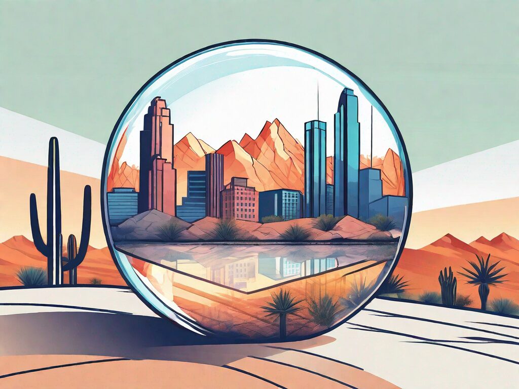 A crystal ball reflecting a vibrant arizona landscape with diverse real estate properties such as modern skyscrapers