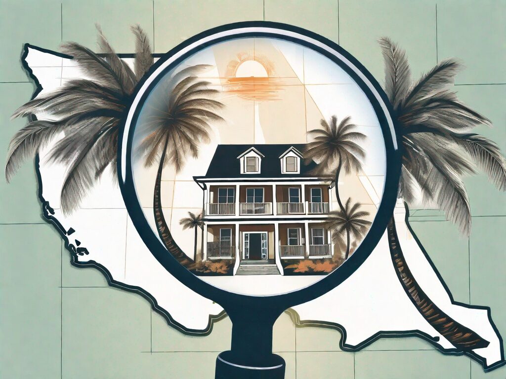 A magnifying glass hovering over a stylized map of florida