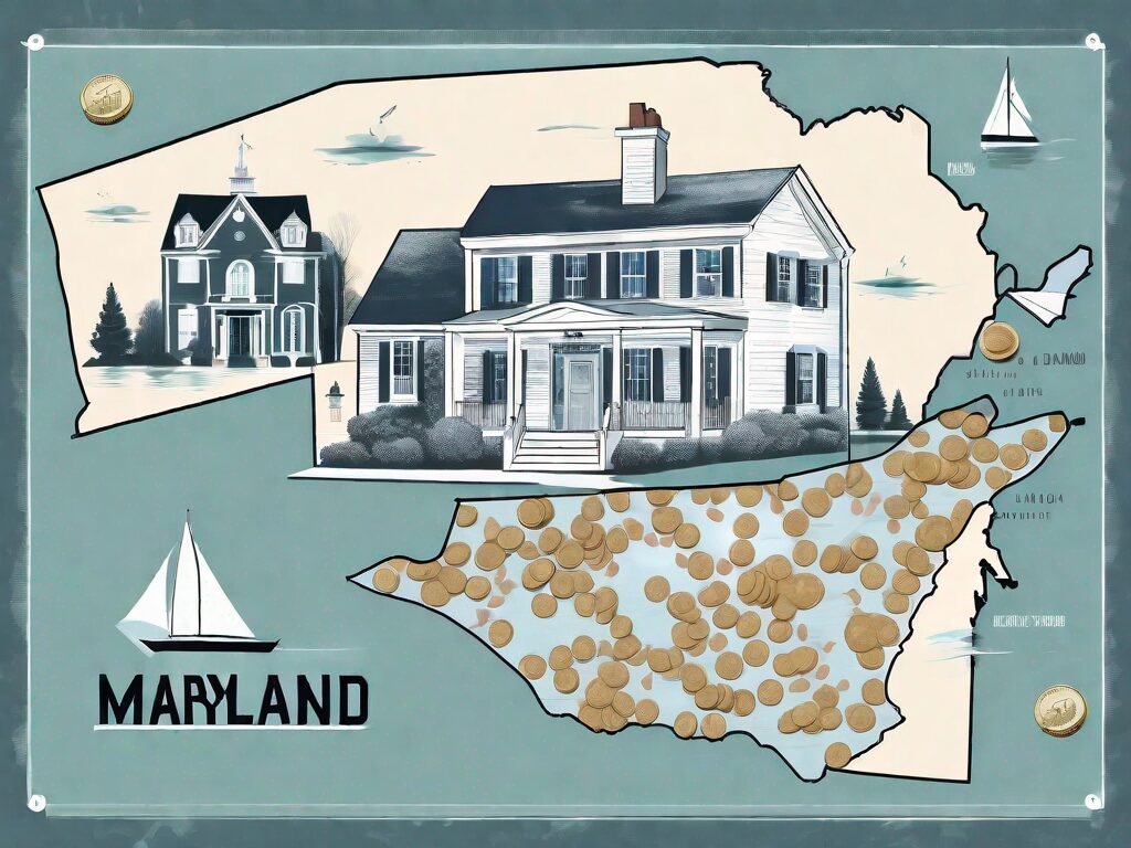 A maryland map with iconic landmarks