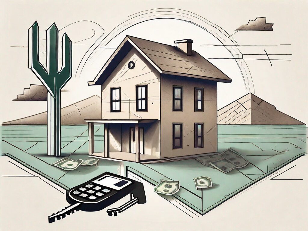A new mexico landscape with a stylized house and a large key