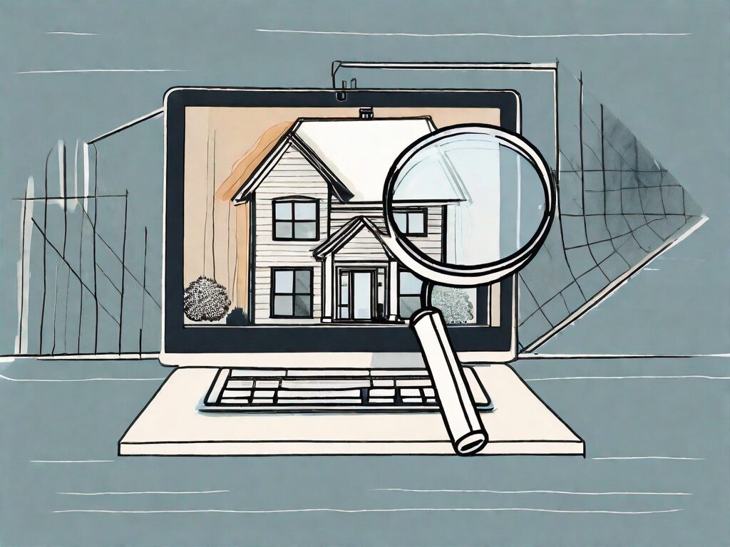 A magnifying glass hovering over a computer screen showing a house