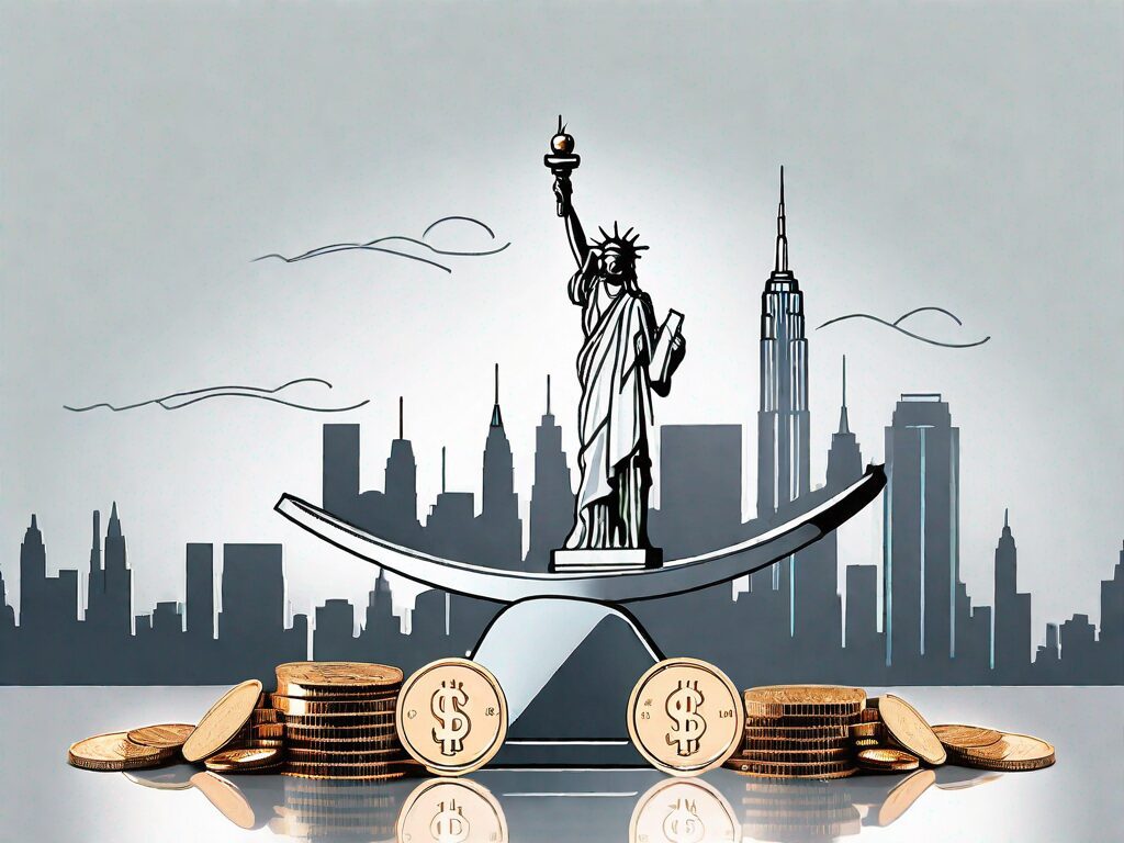 A symbolic balance scale with a model of a new york skyline on one side and a pile of coins on the other
