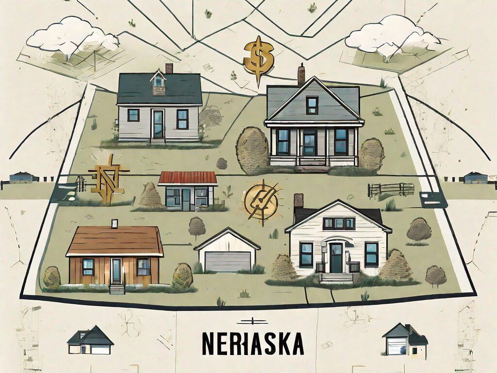 A detailed nebraska map with symbolic icons of houses and dollar signs scattered around