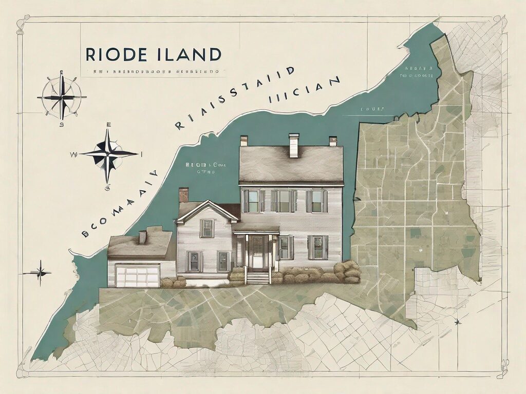 A detailed map of rhode island with symbolic representations of houses and money