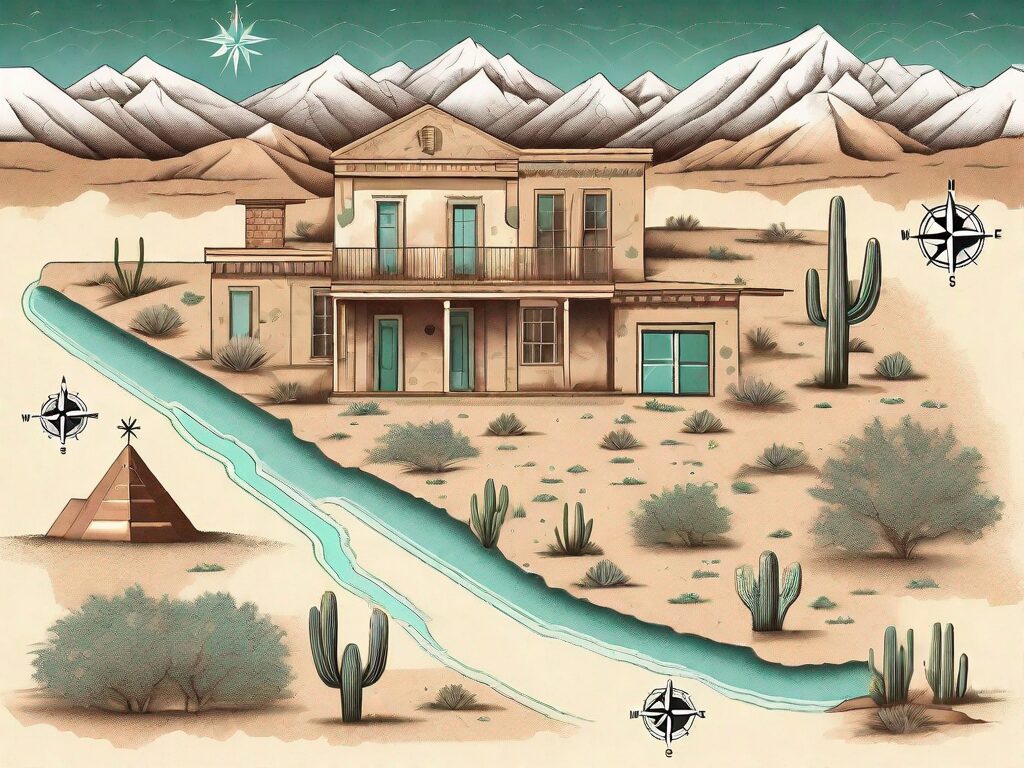A detailed map of new mexico with symbolic icons representing houses and dollar signs
