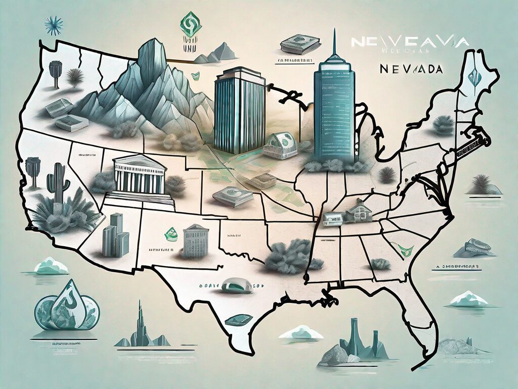 A detailed map of nevada with symbolic icons representing real estate and money