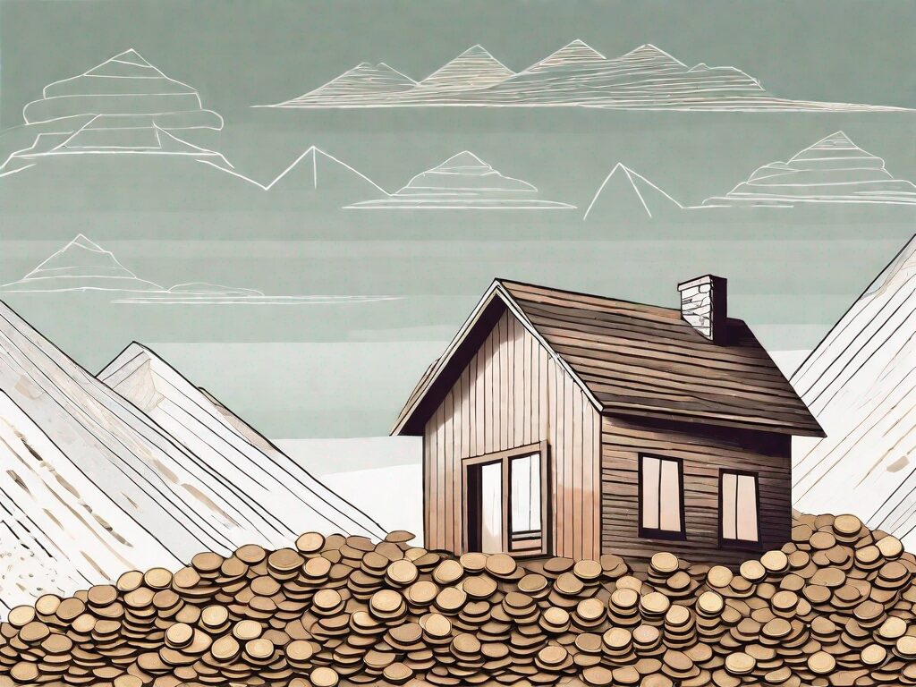 A picturesque montana landscape with a symbolic house made of coins