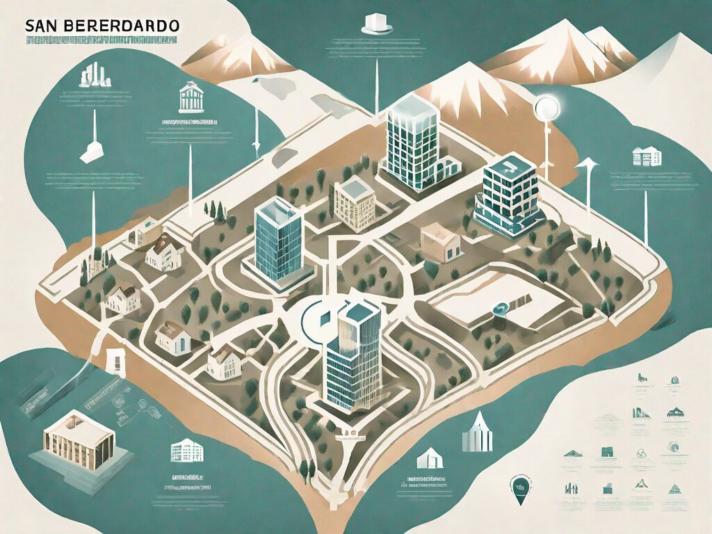 A detailed map of san bernardino with symbolic icons indicating real estate properties