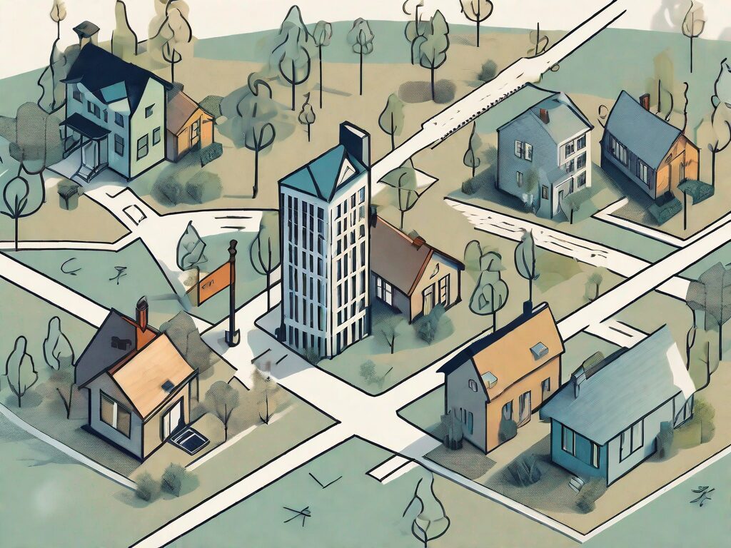 Various types of residential and commercial properties scattered across a stylized map of kentucky