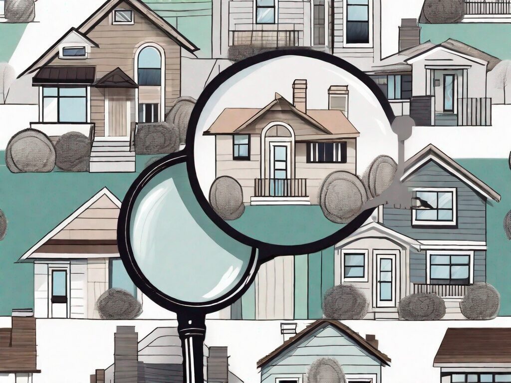 A variety of architectural styles of houses in los angeles with a magnifying glass hovering over them