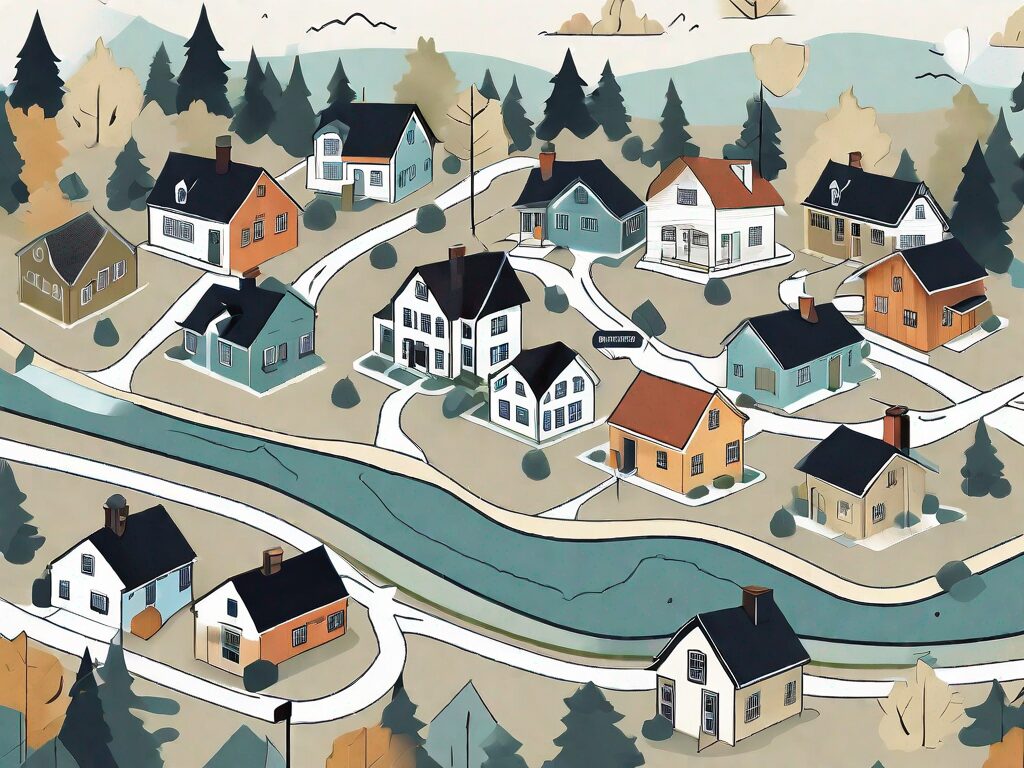 A variety of houses and commercial properties scattered across a stylized map of new hampshire