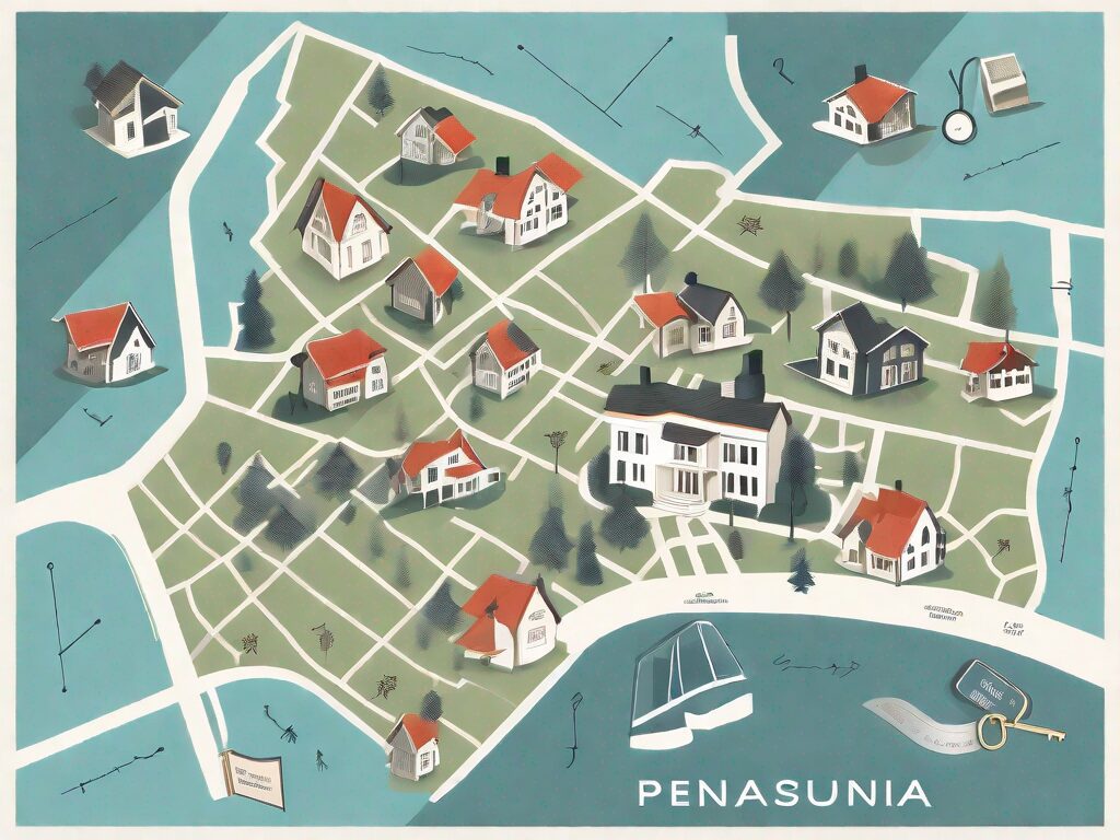 Various types of residential and commercial properties scattered across a stylized map of pennsylvania