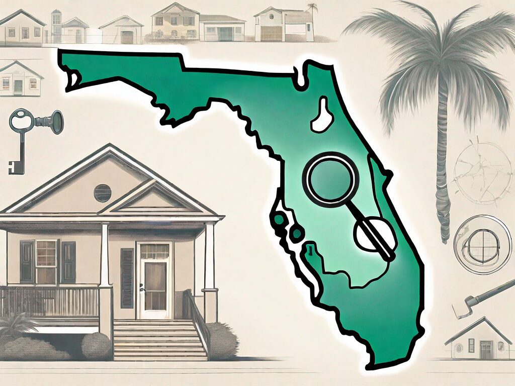 A stylized map of florida with symbolic representations of houses