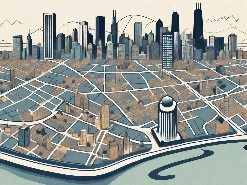 A magnifying glass hovering over a stylized map of chicago