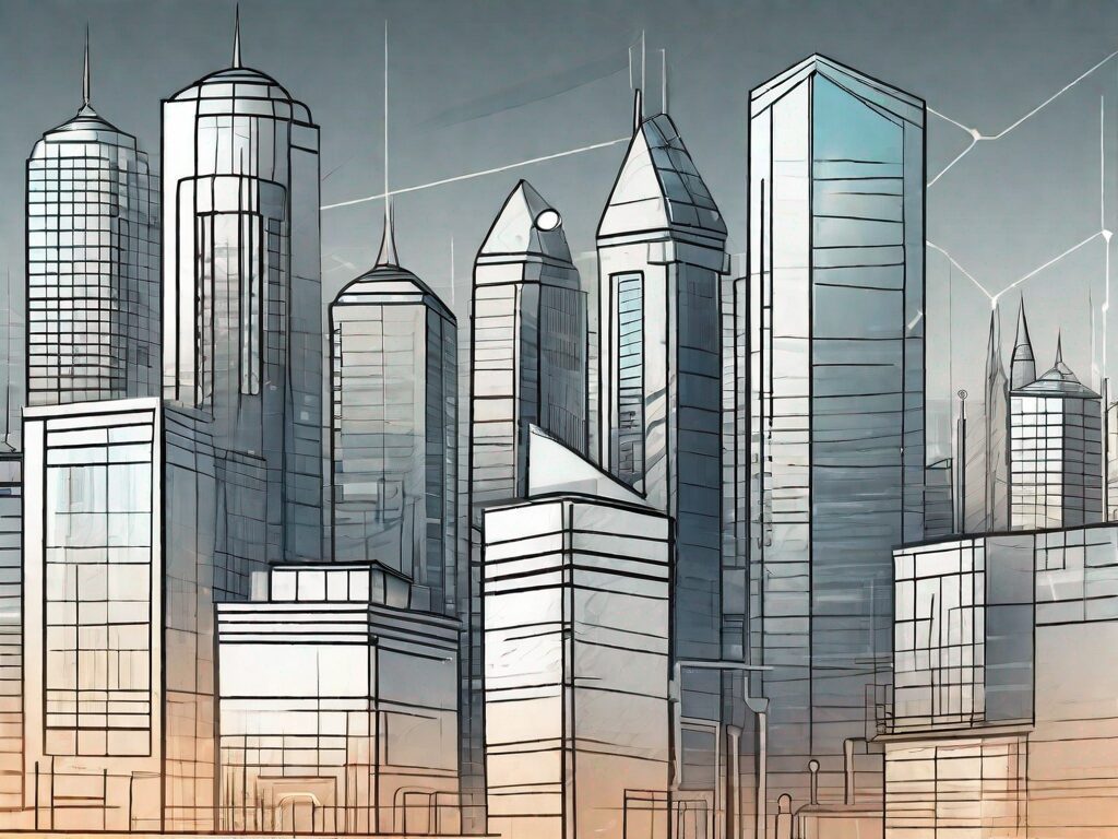 A futuristic kansas cityscape with highlighted buildings symbolizing real estate properties