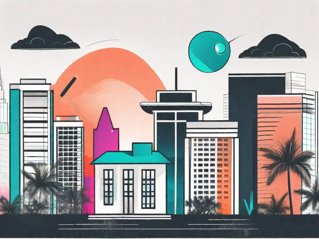 A vibrant miami skyline with various symbolic icons like a computer mouse