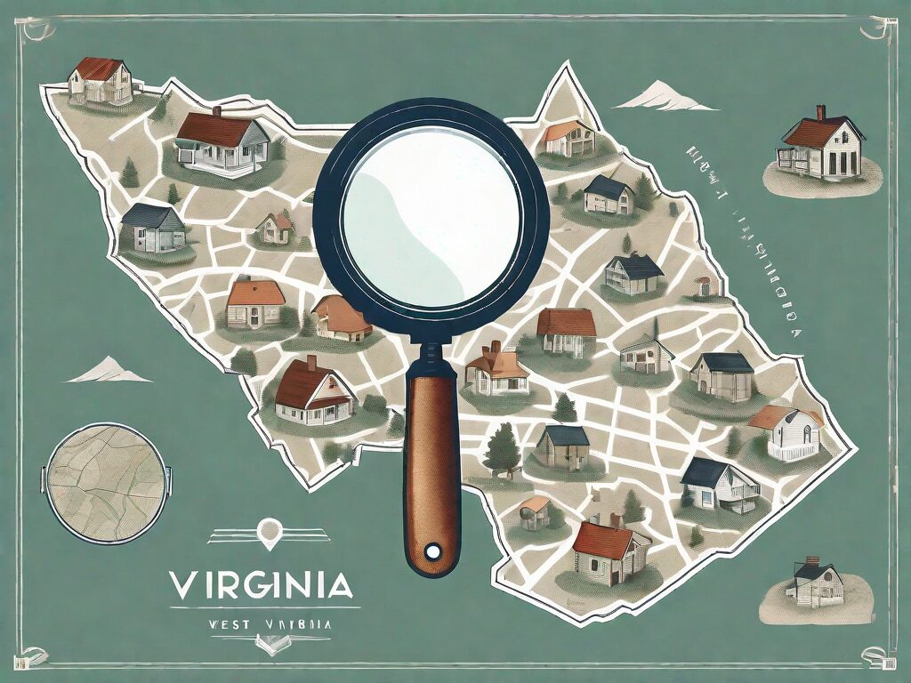 A detailed map of west virginia with symbolic representations of houses scattered across it