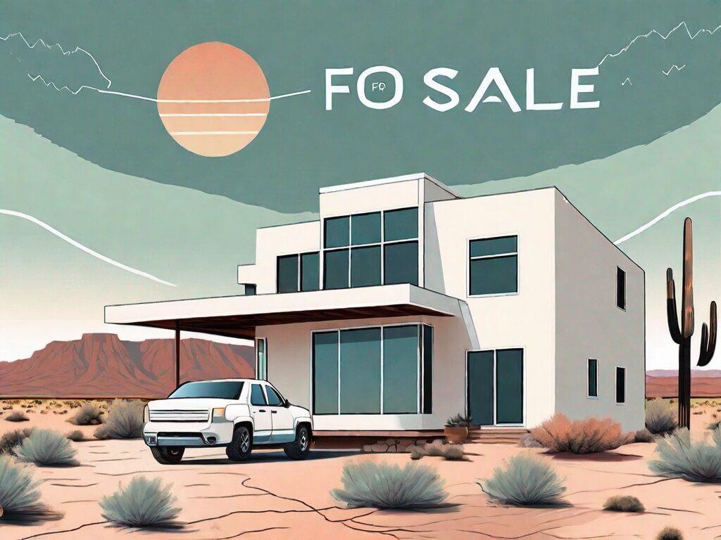 A picturesque new mexico landscape with a 'for sale' sign in front of a charming southwestern-style house