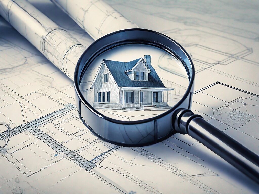 A magnifying glass hovering over a detailed architectural blueprint of a house