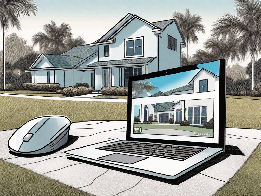 A florida property with a 'for sale' sign on the front lawn and a computer in the foreground displaying a mls (multiple listing service) website