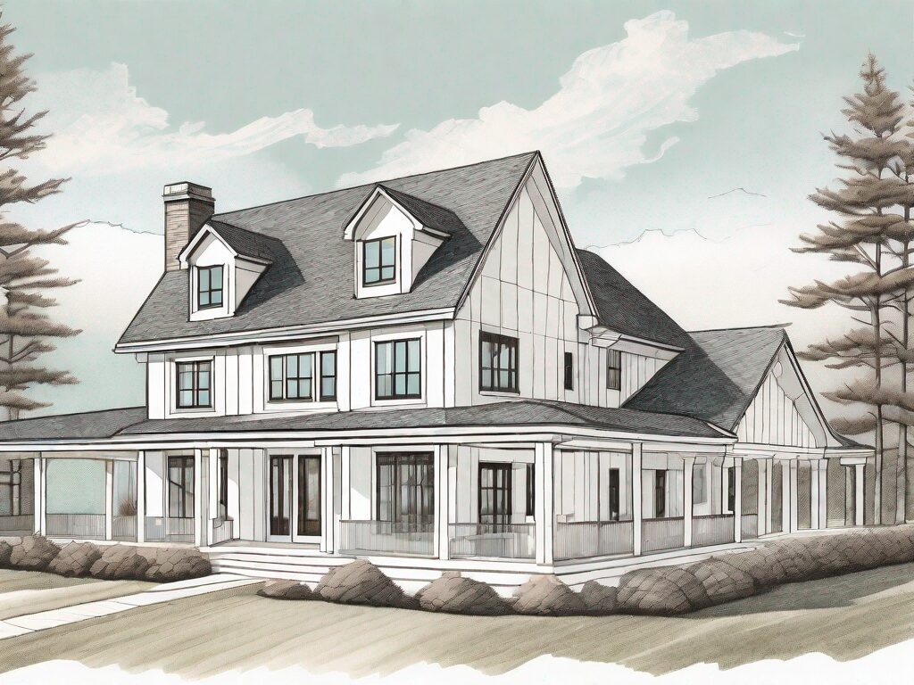 A magnifying glass hovering over a detailed drawing of a delaware-style home