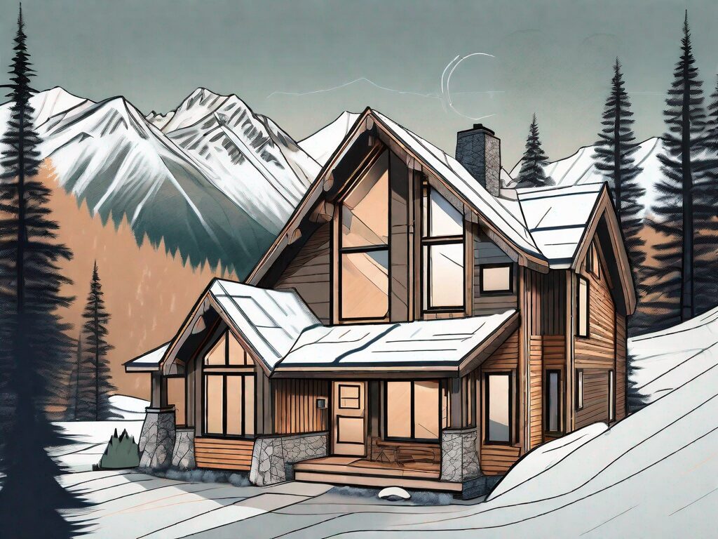 A detailed alaskan home surrounded by typical alaskan elements such as snow
