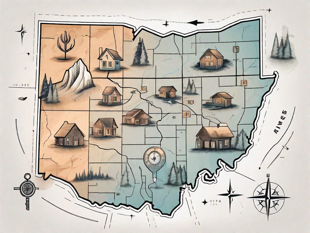 A stylized map of utah with symbolic elements representing the housing market such as houses