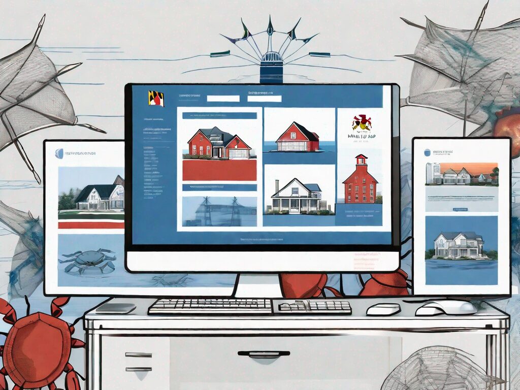 A computer screen displaying a real estate website with various maryland properties