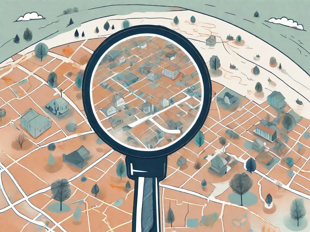 A magnifying glass hovering over a stylized map of kentucky