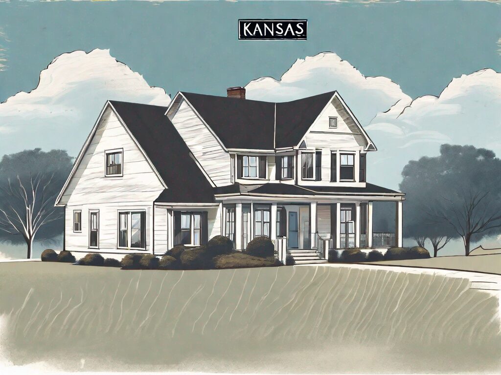 A classic kansas landscape with a house for sale sign in the foreground