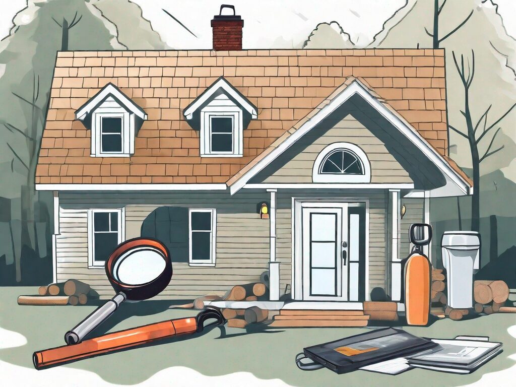 A traditional vermont house with various home inspection tools like a magnifying glass
