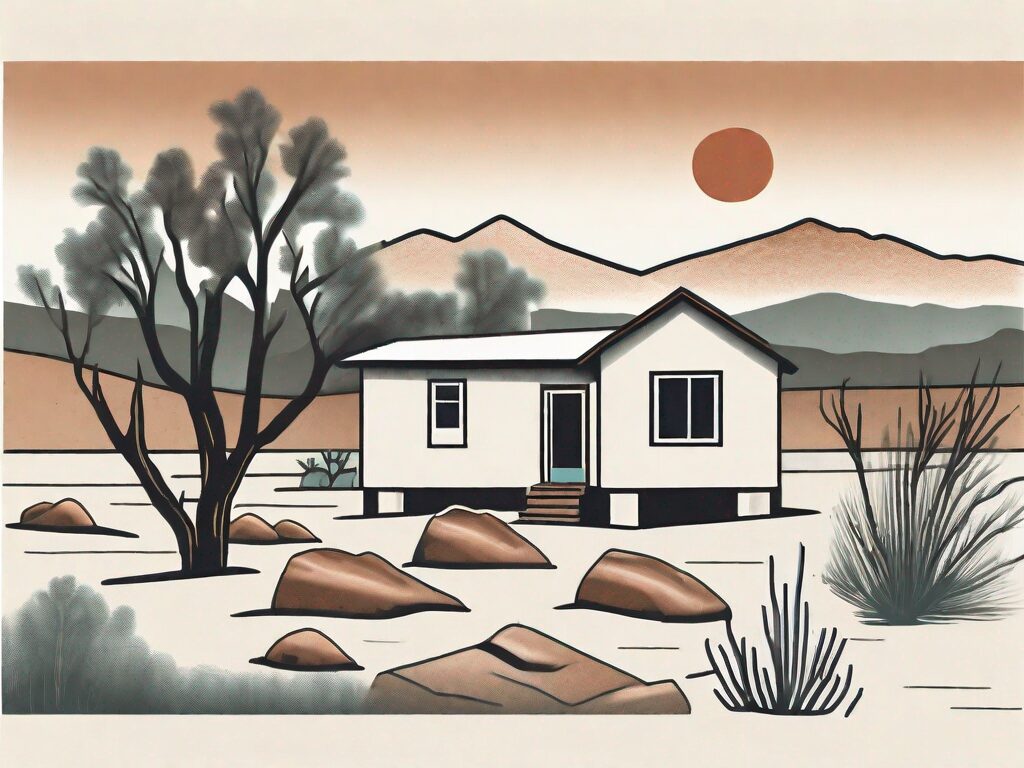 A traditional new mexico landscape with a house in the foreground