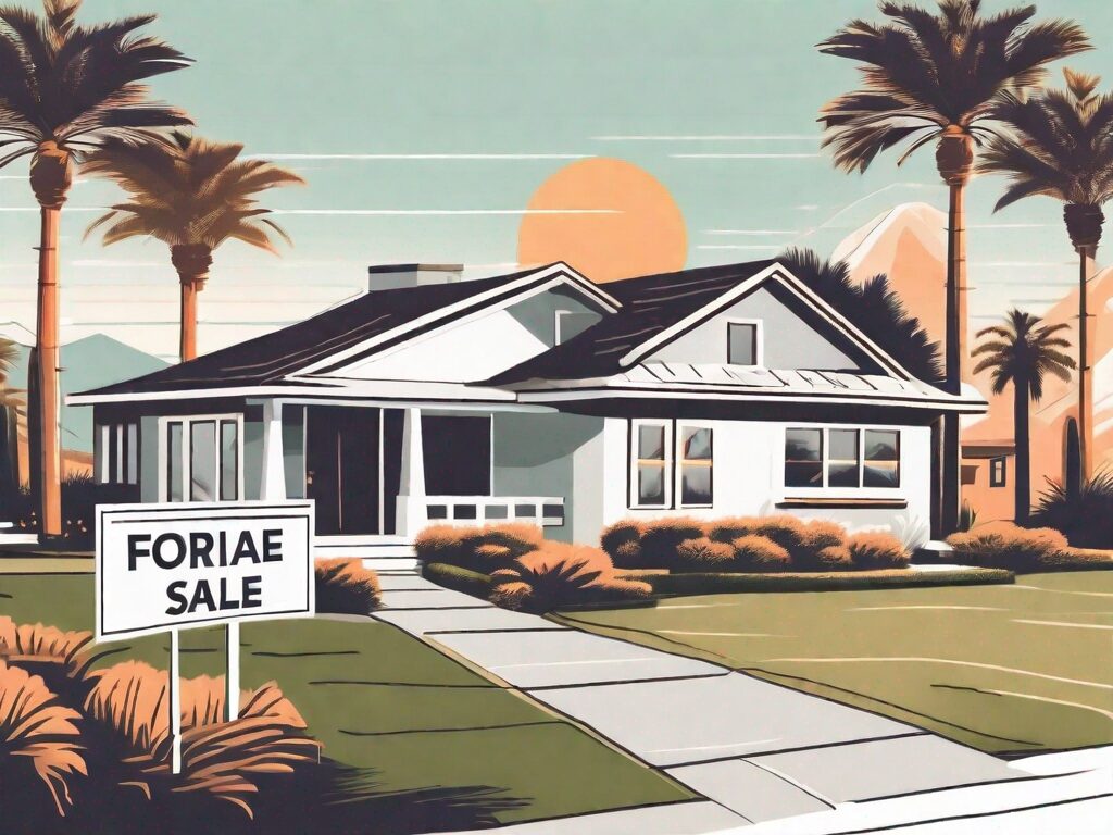 A picturesque california home with a 'for sale' sign in the yard