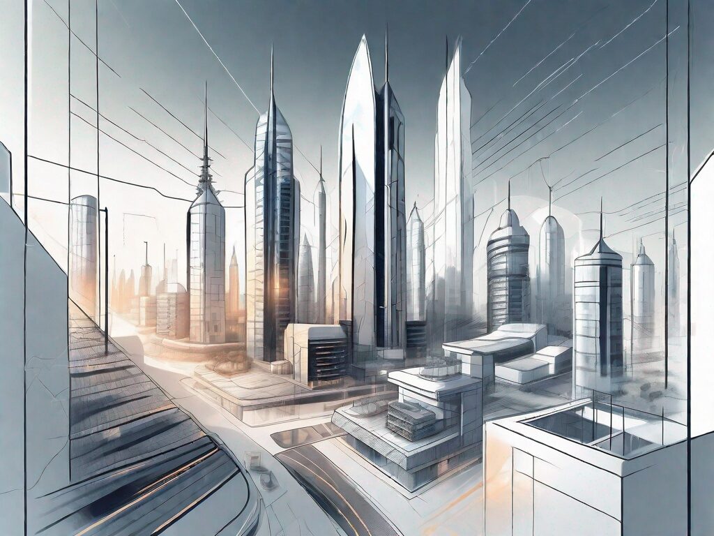 A futuristic cityscape with various real estate properties