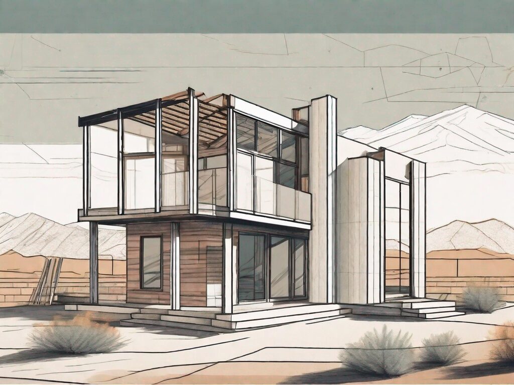 A modern house under construction against a backdrop of new mexico's distinctive landscape