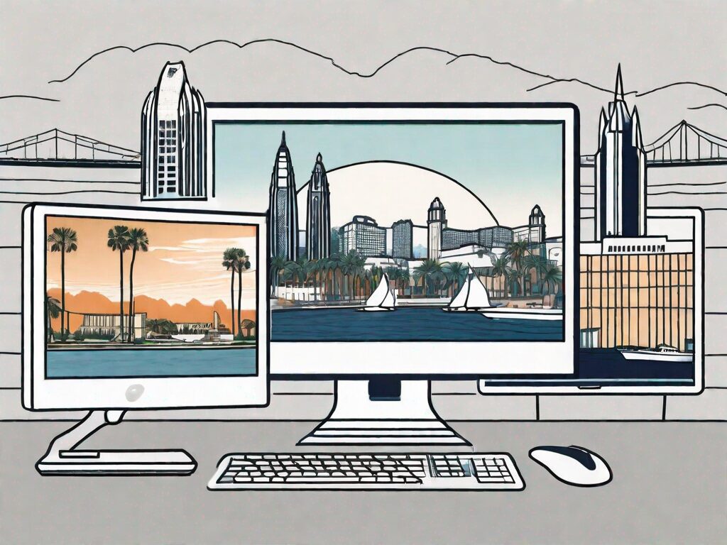 A computer screen displaying various images of san diego's iconic landmarks like the balboa park