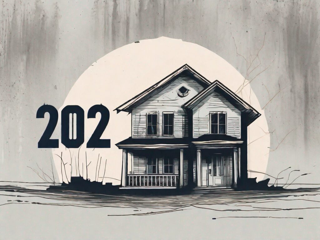 A distressed house with a large '2023' looming in the background